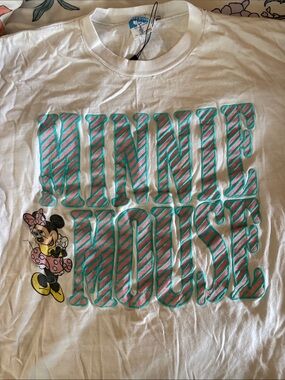 Vintage 90s Disney White Minnie Mouse Graphic Tee with Pink & Teal Lettering